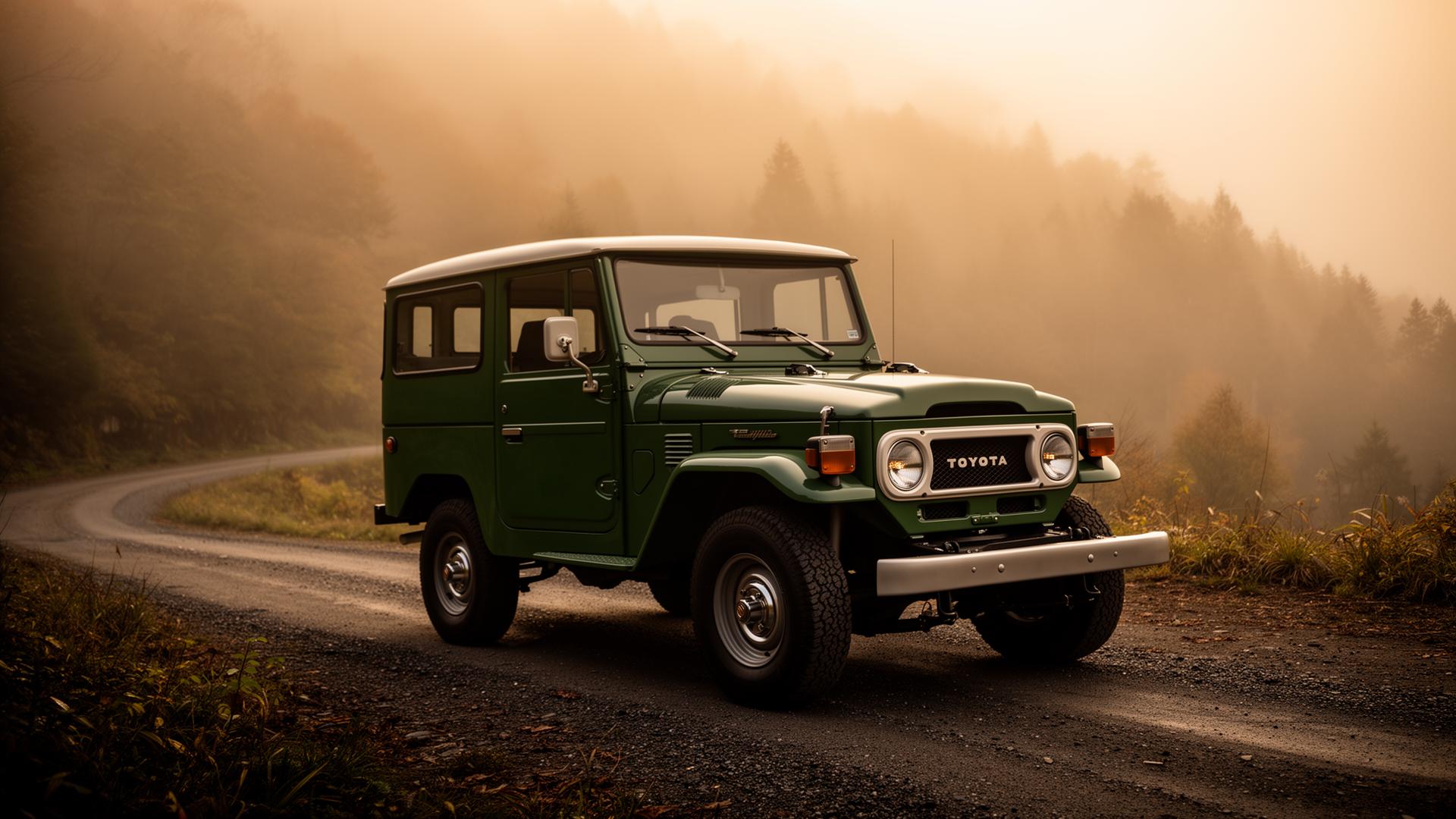 Vintage Toyota Land Cruiser FJ40 on a misty Japanese mountain road